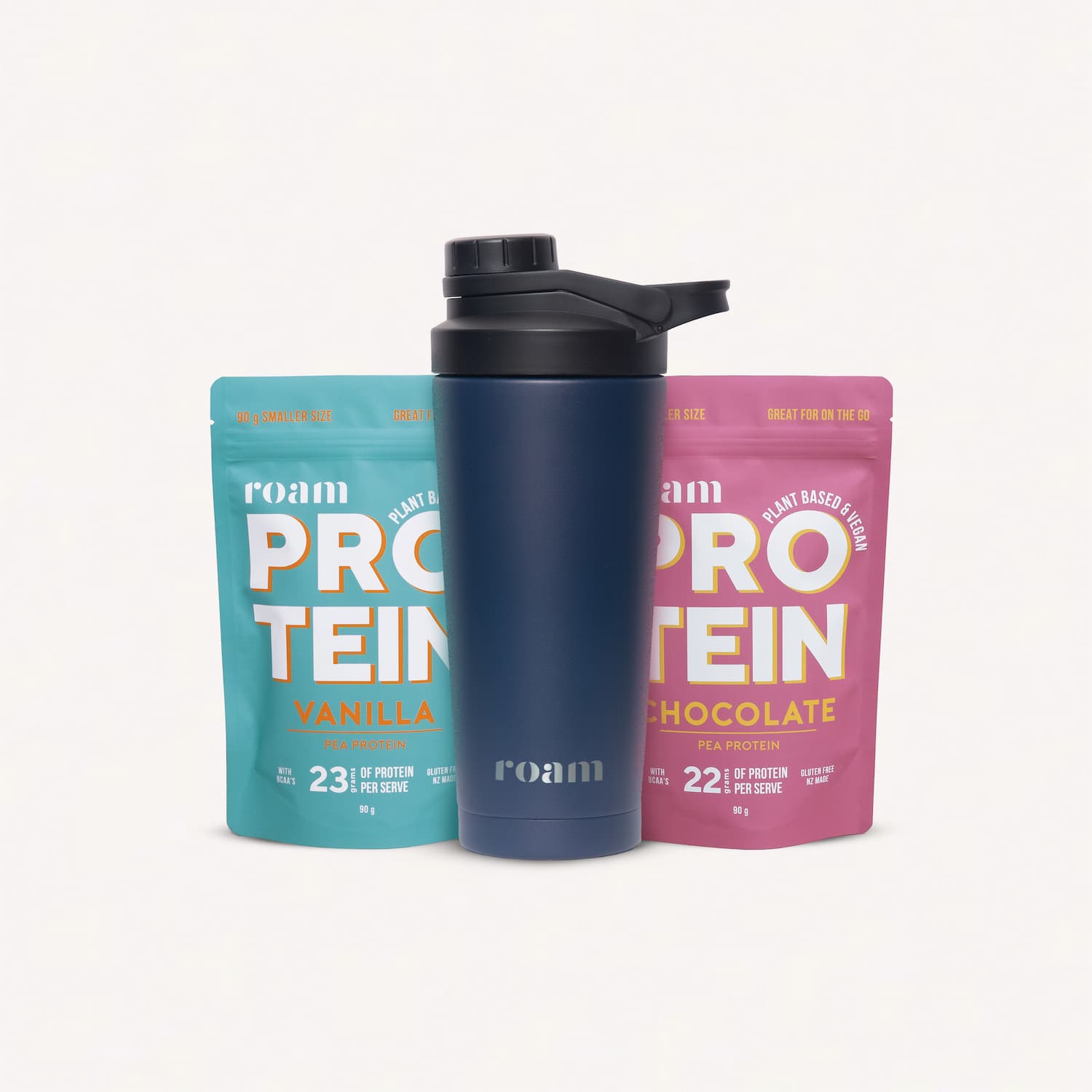 Chocolate Vanilla Vegan Pea Protein Isolate bundle with stainless steel insulated blue shaker