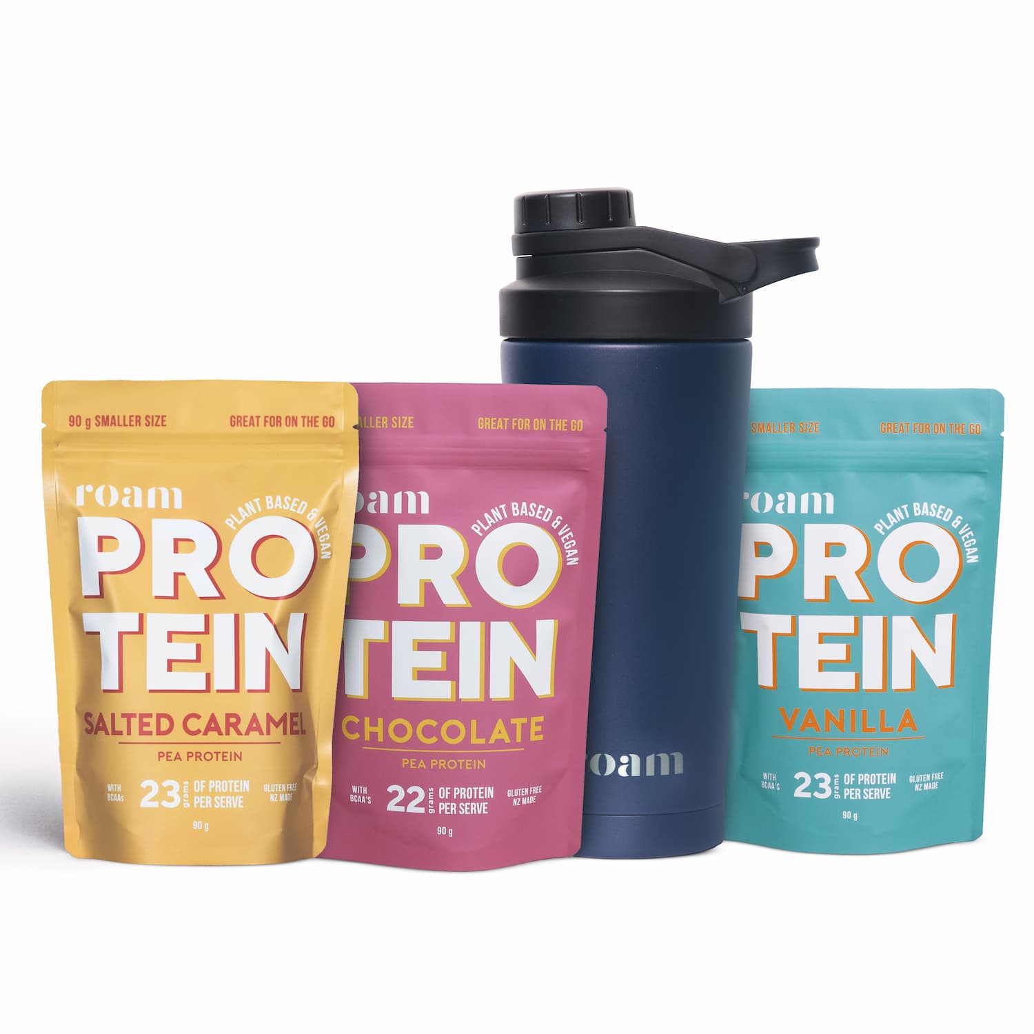 Chocolate Vanilla Salted Caramel Plant Protein Bundle with Blue Insulated Shaker 