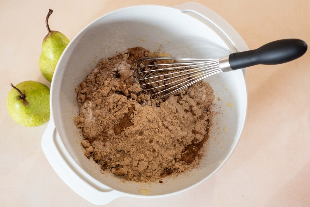 Mixing Dry Ingredients Choc Pear Loaf Roam NZ Australia