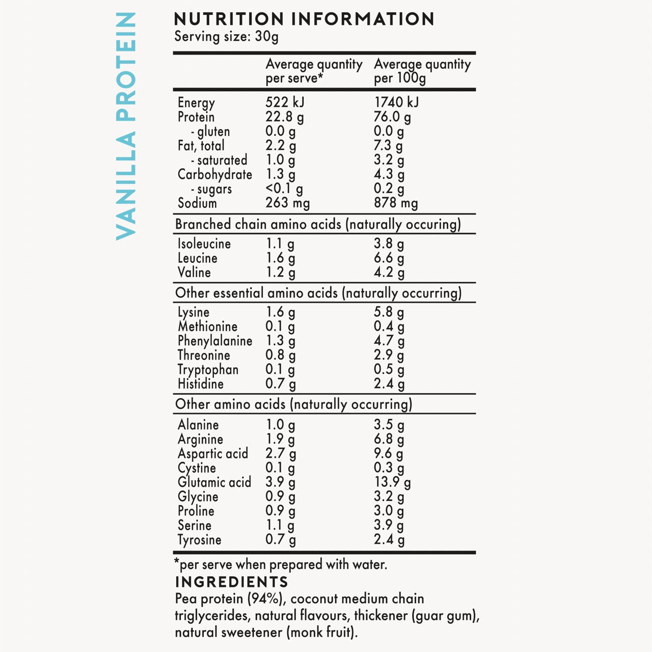 Roam Vanilla Plant Protein Powder Nutrition Information