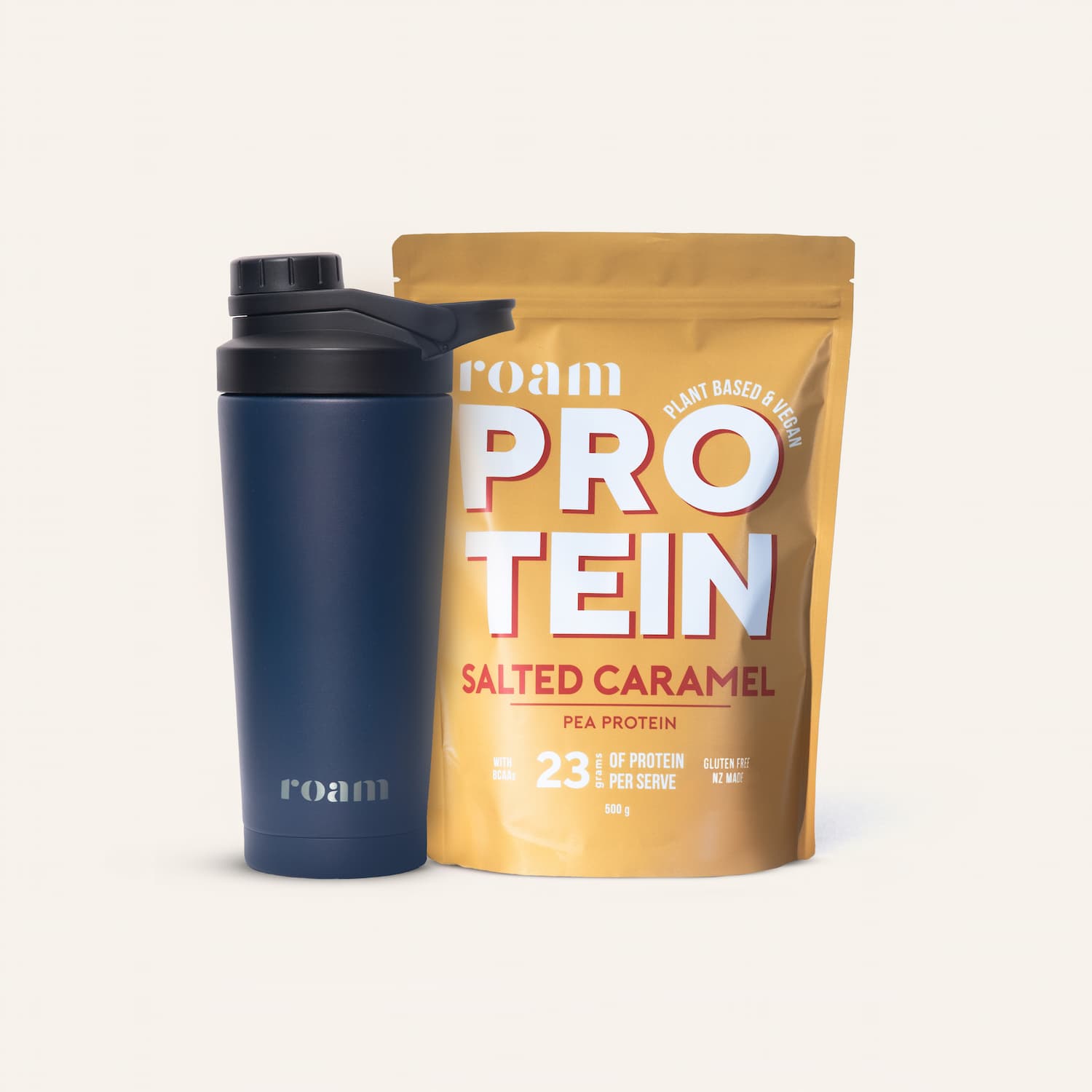 Salted Caramel Vegan Pea Protein Isolate with Blue Stainless Steel Insulated Shaker