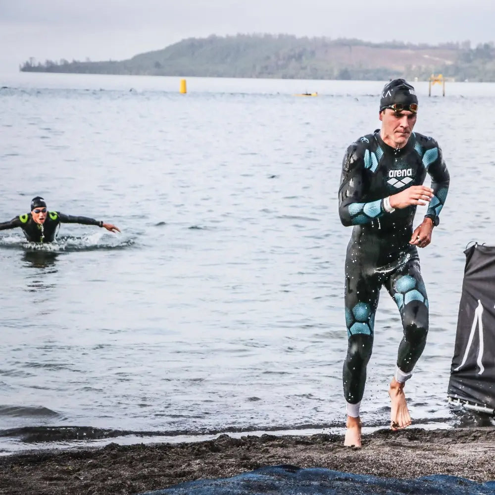 Jayden Kuijpers finishes swim at Ironman Taupo 70.3