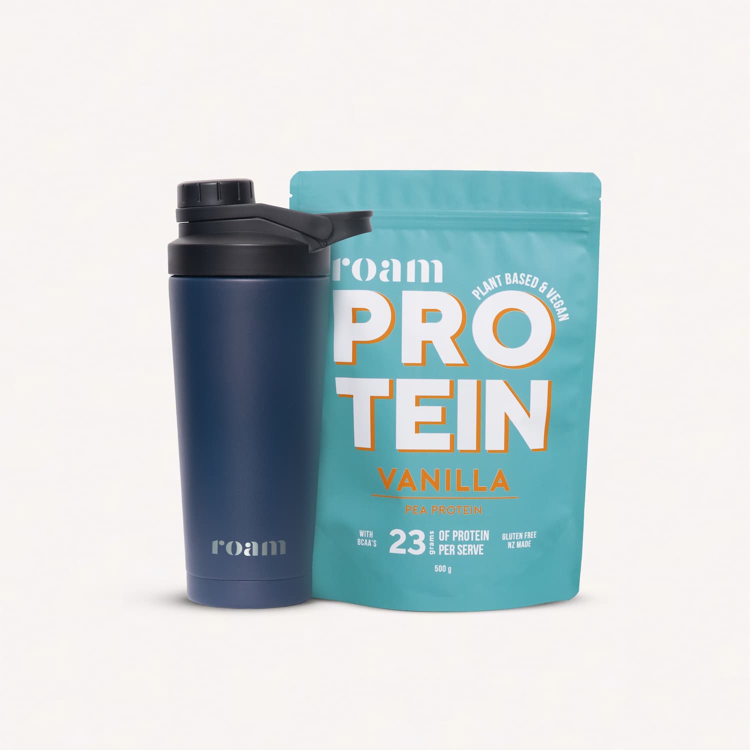 Low FODMAP Vanilla Plant Protein with Blue Stainless Steel Insulated Shaker